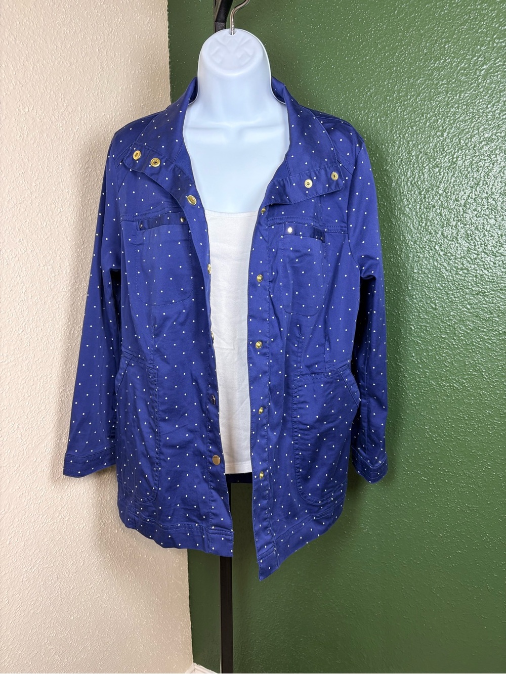 Chico’s Navy Blue Polka Dot Utility Jacket